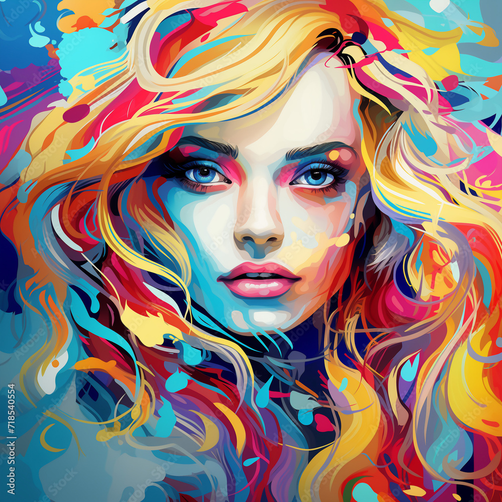 Blond girl with blue eyes. Abstract colorful AI illustration 004