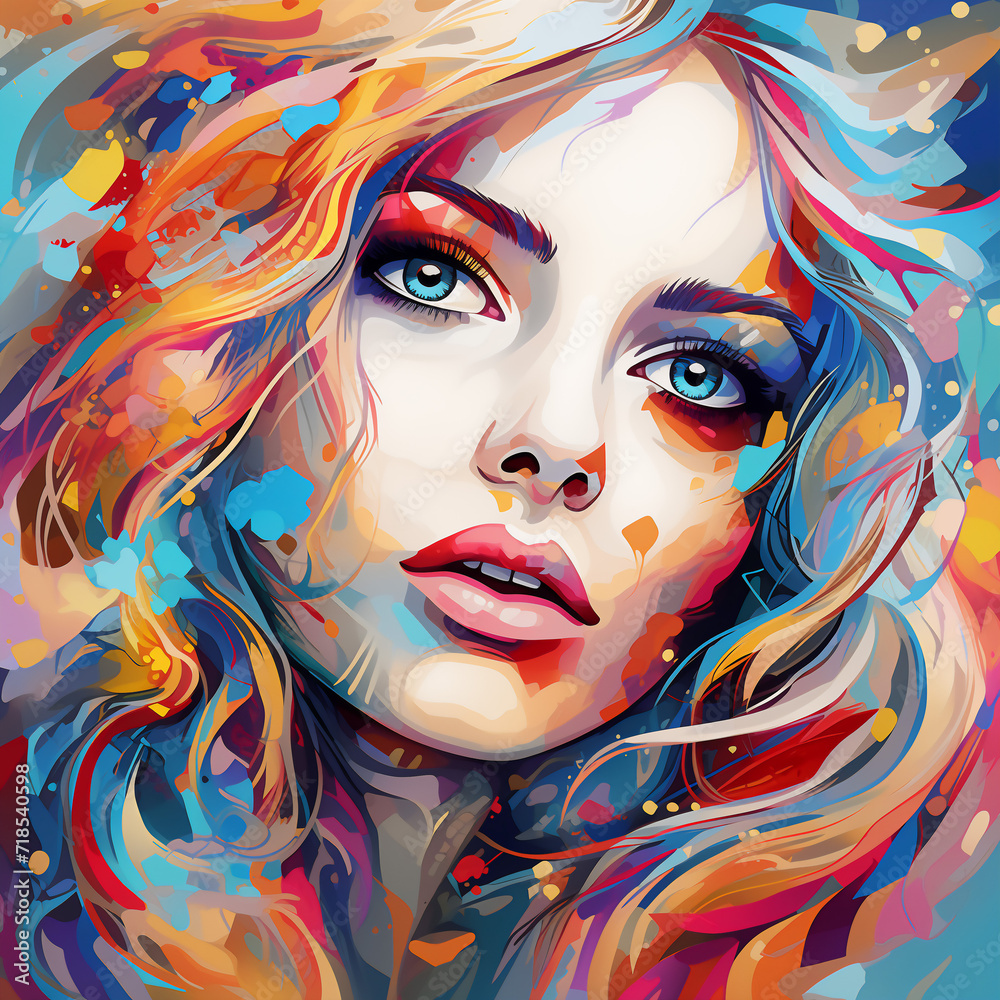 Blond girl with blue eyes. Abstract colorful AI illustration 003