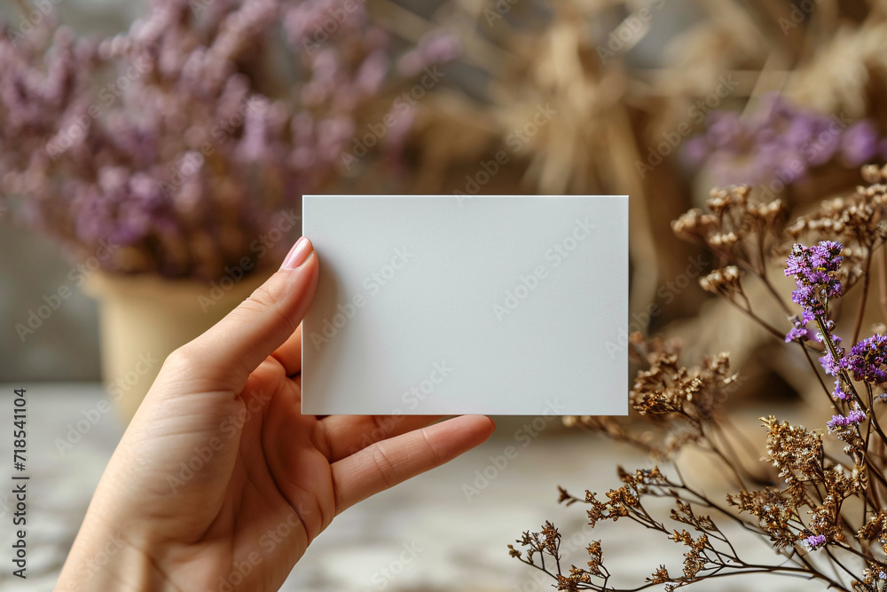 Handheld Wedding Invitation card against the dried plant and white flowers Handheld Wedding Invitation card against the dried plant and white flowers