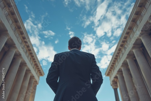 man in a suit standing between two large columns of a grand architectural structure