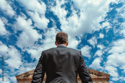 man is viewed from behind and is looking upwards towards the sky