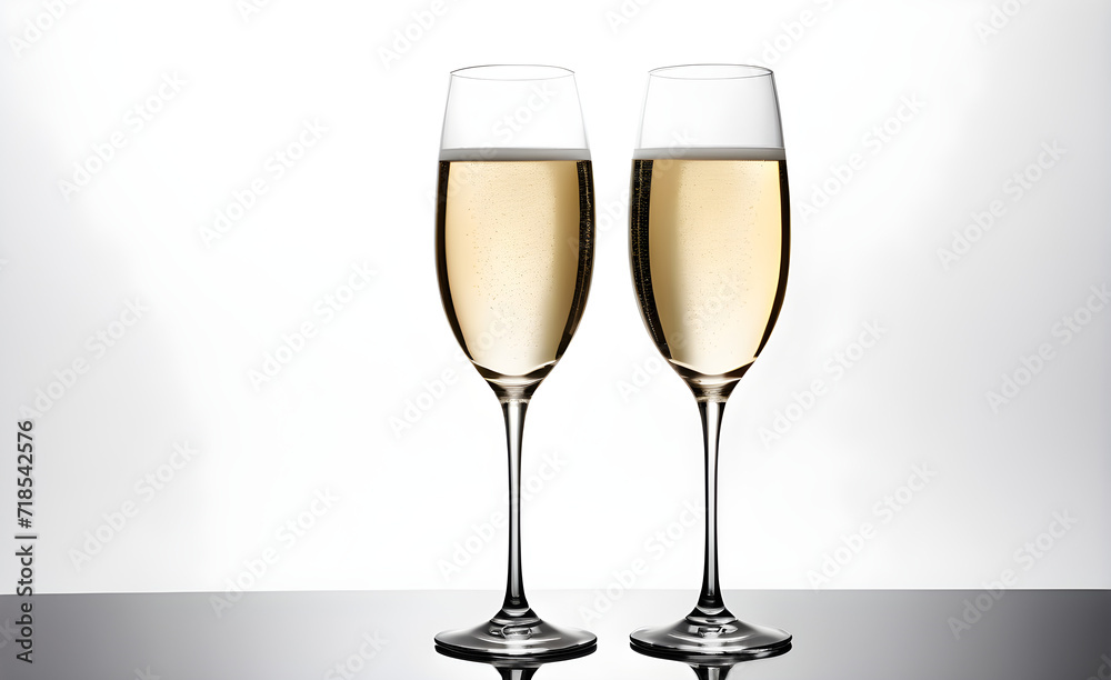 Two champagne glasses on a simple white background, Valentine's Day, Christmas. Generative AI