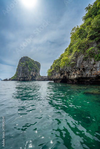 Granite marble rock structure surface of natural mountain's cliff and cave, the beautiful sea  in Andaman Sea, Koh Waen, Koh Chueak, Trang Thailand.