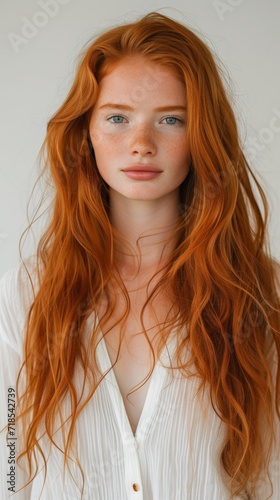 Young Red Haired Woman with Long Hair in the Style of Light White and Orange standing against a Light White Background created with Generative AI Technology