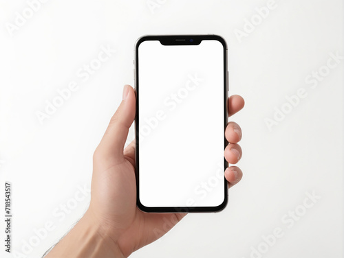 Illustration of a person's hand holding a handphone, facing a room with a white handphone screen and a white background
