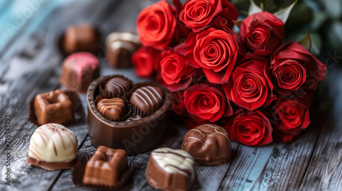 Valentine day. A romantic still life photograph capturing a bouquet of vibrant red roses and a heart-shaped box of chocolates, bathed in soft natural light, showcasing the velvety petals, rich.