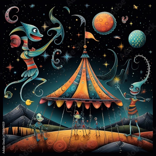 Illustration of a whimsical circus on a moonlit light, generative ai.