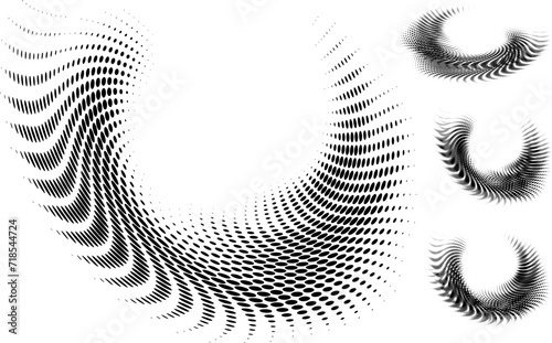 A set of halftone polka dot frames with radial rays unwound by vibration. For logos, trademarks, emblems. Vector. Space for copying text.