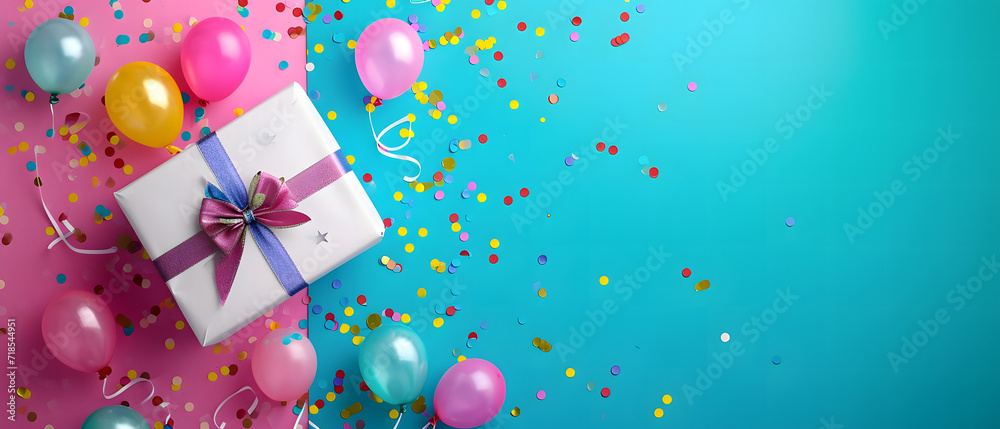 Birthday Present With Balloons and Confetti on Blue Background