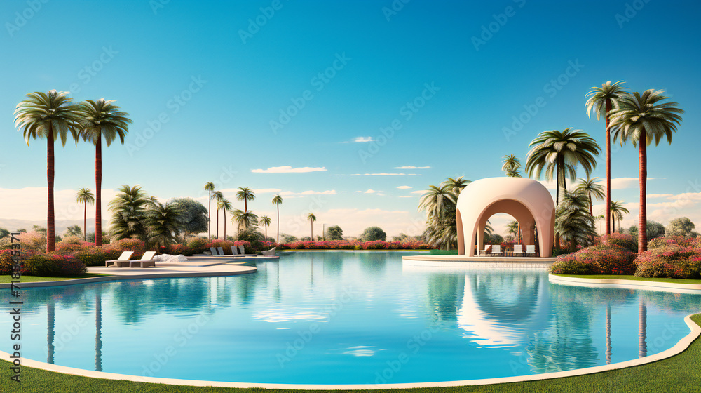 Luxury Resort with Water and Summer Sky, Tropical Hotel Vacation, Blue Pool and Relaxation in a Beautiful Landscape