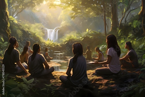 A yoga instructor leading a group of students through a peaceful outdoor session, surrounded by lush greenery and serenity.