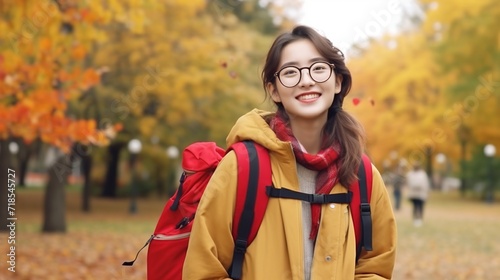 Beautiful Student Asian Girl with Backpack and Glasses in the Park, Autumn. Education Learning  © Humam