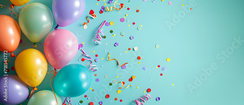 Colorful Balloons and Confetti on a Blue Background