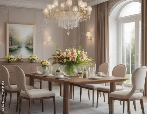 Modern luxury elegant dining room, spring flowers on the table.interior decoration. Well-appointed interior design. © anmitsu