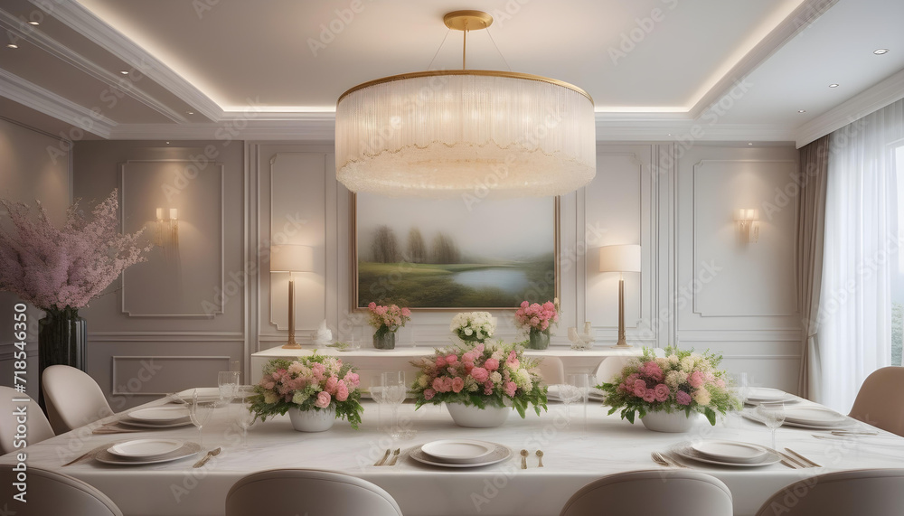 Modern luxury elegant dining room, spring flowers on the table.interior decoration. Well-appointed interior design.