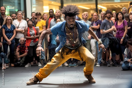 A street performer captivating an audience with an energetic dance routine, their movements synchronized to upbeat music. photo
