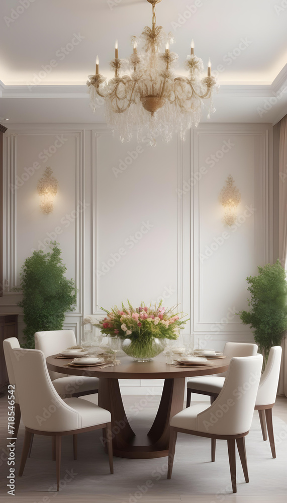 Modern luxury elegant dining room, spring flowers on the table.interior decoration. Well-appointed interior design.