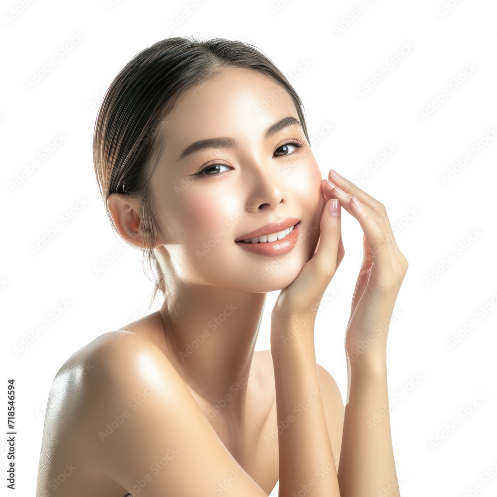 Beautiful beauty asian young woman happy smile posing with makeup style with touch her face and perfect skin, Facial treatment, Cosmetology, plastic surgery, isolated on white background, png Beautiful beauty asian young woman happy smile posing with makeup style with touch her face and perfect skin, Facial treatment, Cosmetology, plastic surgery, isolated on white background, png