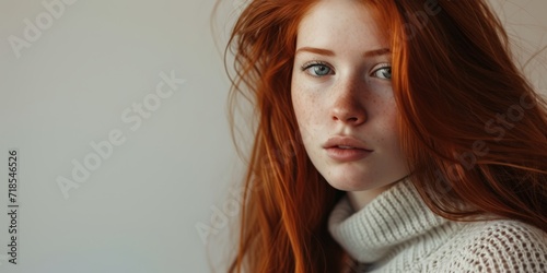 Young Red Haired Woman with Long Hair in the Style of Light White and Orange standing against a Light White Background created with Generative AI Technology