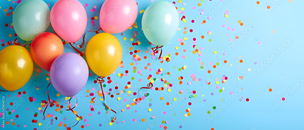 Colorful Balloons and Confetti on Blue Background Colorful Balloons and Confetti on Blue Background