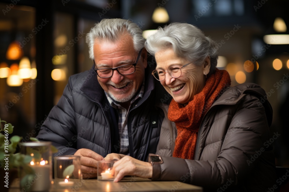Senior couple enjoying a cup of coffee while reviewing their financial statements at a cafe, Generative AI