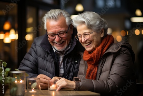 Senior couple enjoying a cup of coffee while reviewing their financial statements at a cafe  Generative AI