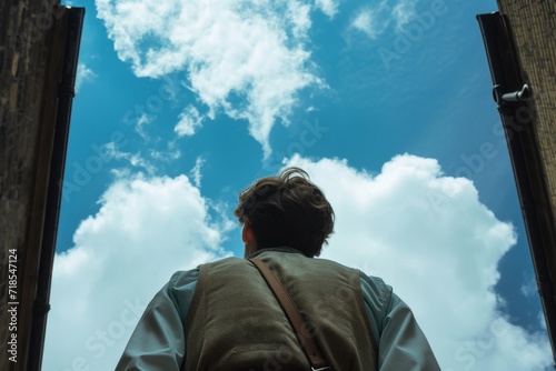 person from behind who is looking up towards the sky