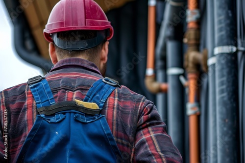 worker from behind who is wearing a red safety helmet