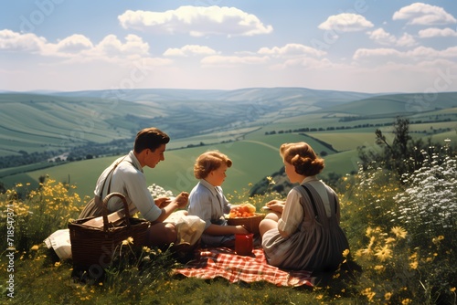 A family having a picnic in a picturesque countryside  surrounded by rolling hills and a clear blue sky.