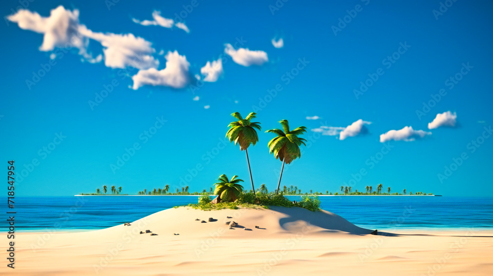 Tropical Island Beach, Summer Paradise with Blue Sea and Palm Trees, Scenic Nature for Vacation and Travel