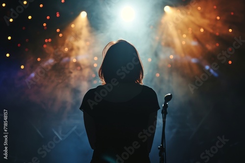 silhouette of a person standing in front of a microphone on a stage.