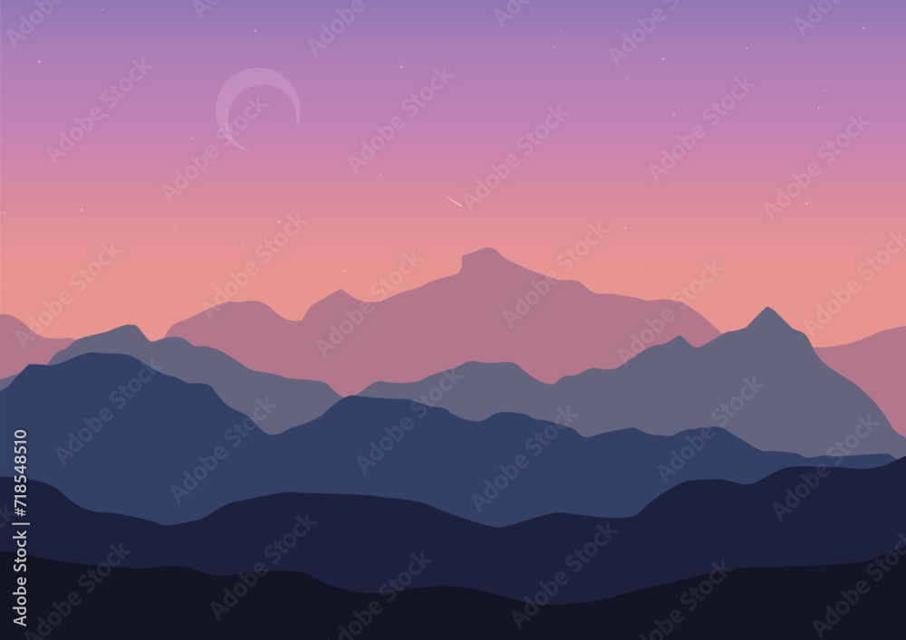 Landscape with mountains at night. Vector illustration in flat style.