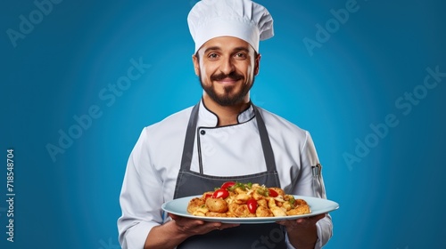 cooking, culinary, male chef holding empty plate, male chef in toque and jacket over blue background, professional, show, serve, cooking, , gourmet, food, service, restaurant, presenting.
