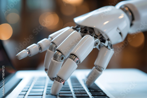 Robot hands and fingers point to laptop button advisor chatbot robotic artificial intelligence concept 