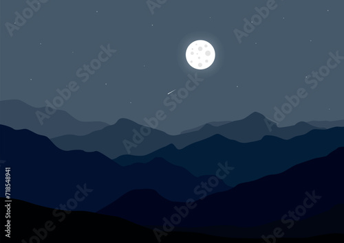Landscape with mountains at night. Vector illustration in flat style. © Fajarhidayah11