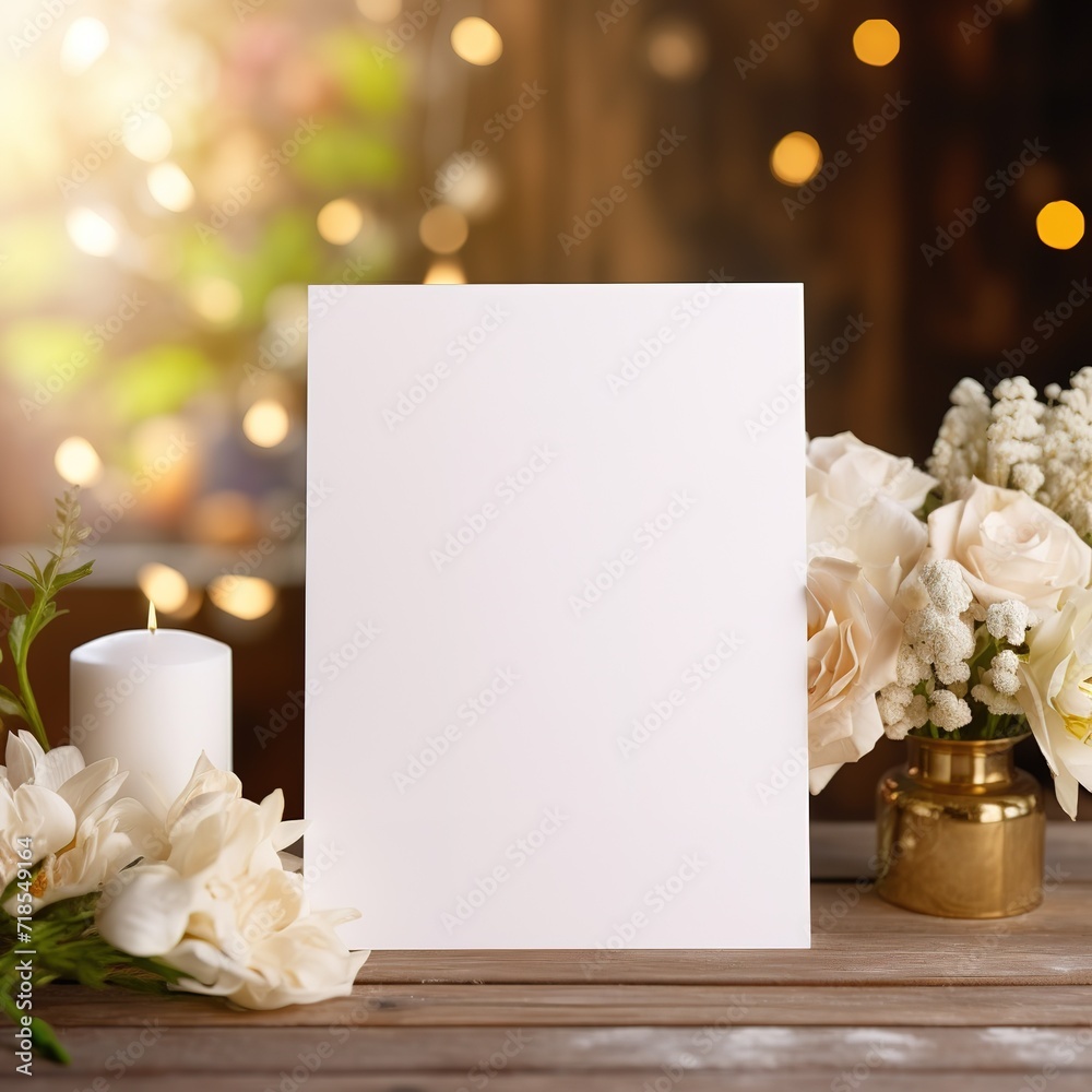 Obraz premium Mockup white blank space card, for greeting, table number, wedding invitation template on wedding table setting background. with clipping path. Generative Ai
