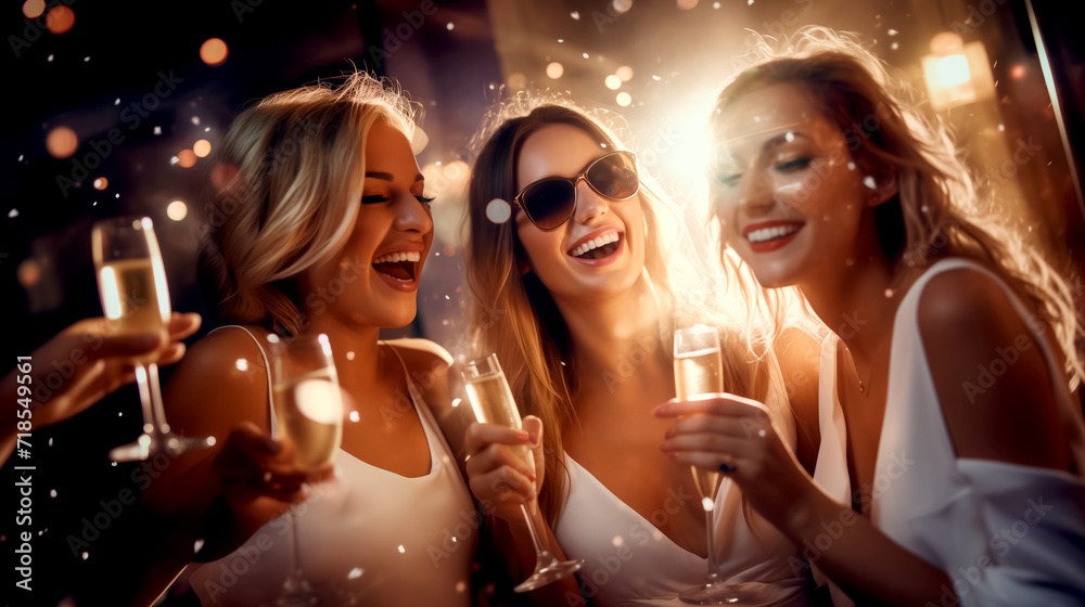 Group of Women with Glasses of Wine in a Nightclub - Sparkling Atmosphere