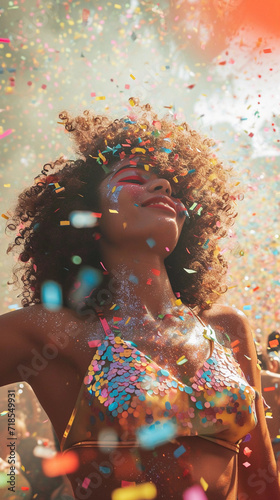 Young beautiful woman at carnival, having fun, feeling good, having a great time, wearing carnival festival outfit.