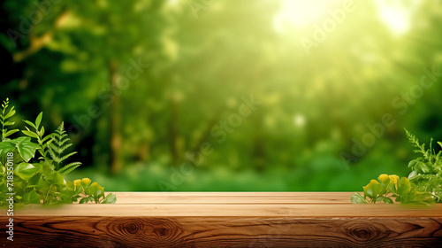 Empty Wooden Tabletop Against Green Forest Background - Sunny Day