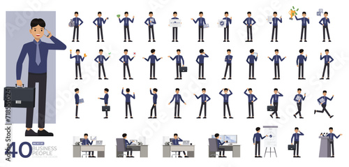 Big Set of office man wear blue shirt with tie character vector design. Presentation in various action. People working in office planning, thinking and economic analysis.
