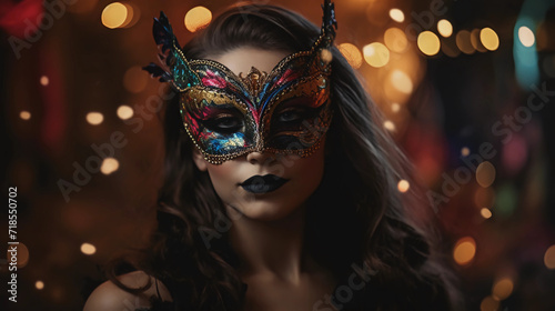 Attractive sensual beautiful woman in carnival mask, brunette, black lips, private party feeling. 