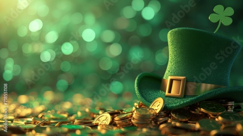 Green Leprechaun Hat with Gold Coins and Bokeh