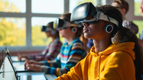 Contemporary Classroom with Diverse Students Using VR Headsets and Tablets in Sunlit Environment