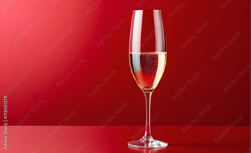 A champagne glass on a simple red background, Valentine's Day, Christmas. Generative AI