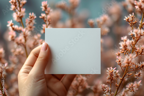 Flat lay Handheld Wedding Invitation card against the dried plant and white flower