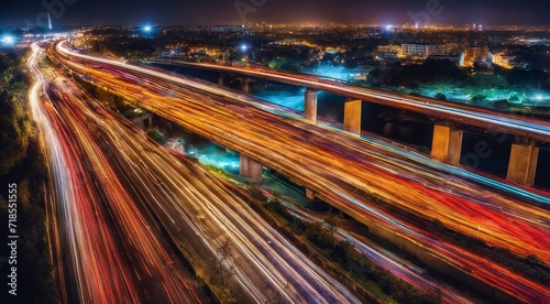 Colorful car light trails, long exposure photo at night, fantastic night scene, top view, a long exposure photo at the night photo