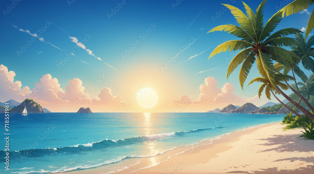 View of the beach in the morning with a bright blue sky and beautiful daytime sun. Summer background
