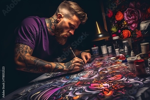A tattoo artist creating intricate designs in a vibrant tattoo studio.
