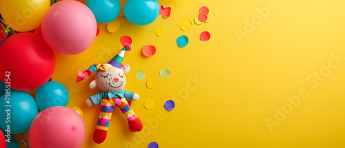 Stuffed Animal Surrounded by Balloons and Confetti