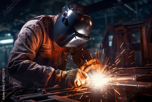 A welder working on a metal structure against a backdrop of industrial machinery.